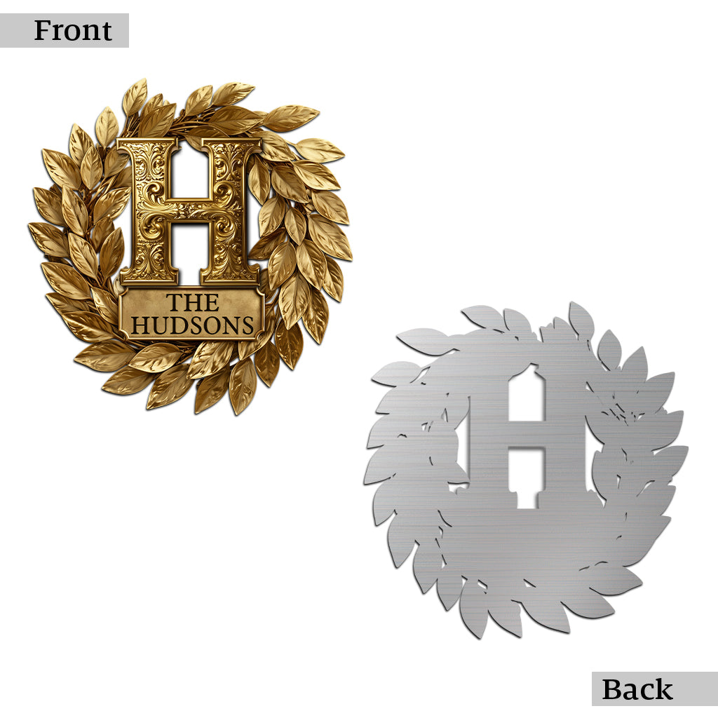 Custom Family Initial Gold Wreath - Personalized Family Cut Metal Sign