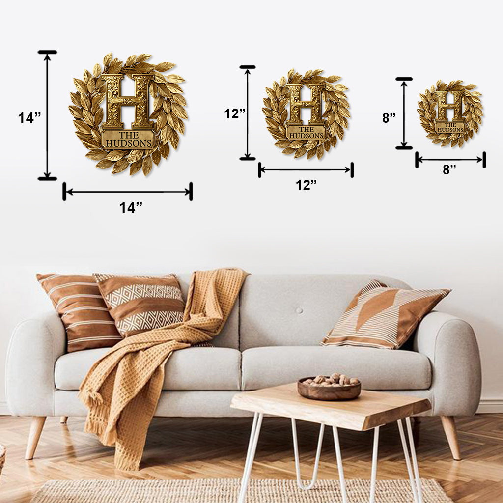 Custom Family Initial Gold Wreath - Personalized Family Cut Metal Sign
