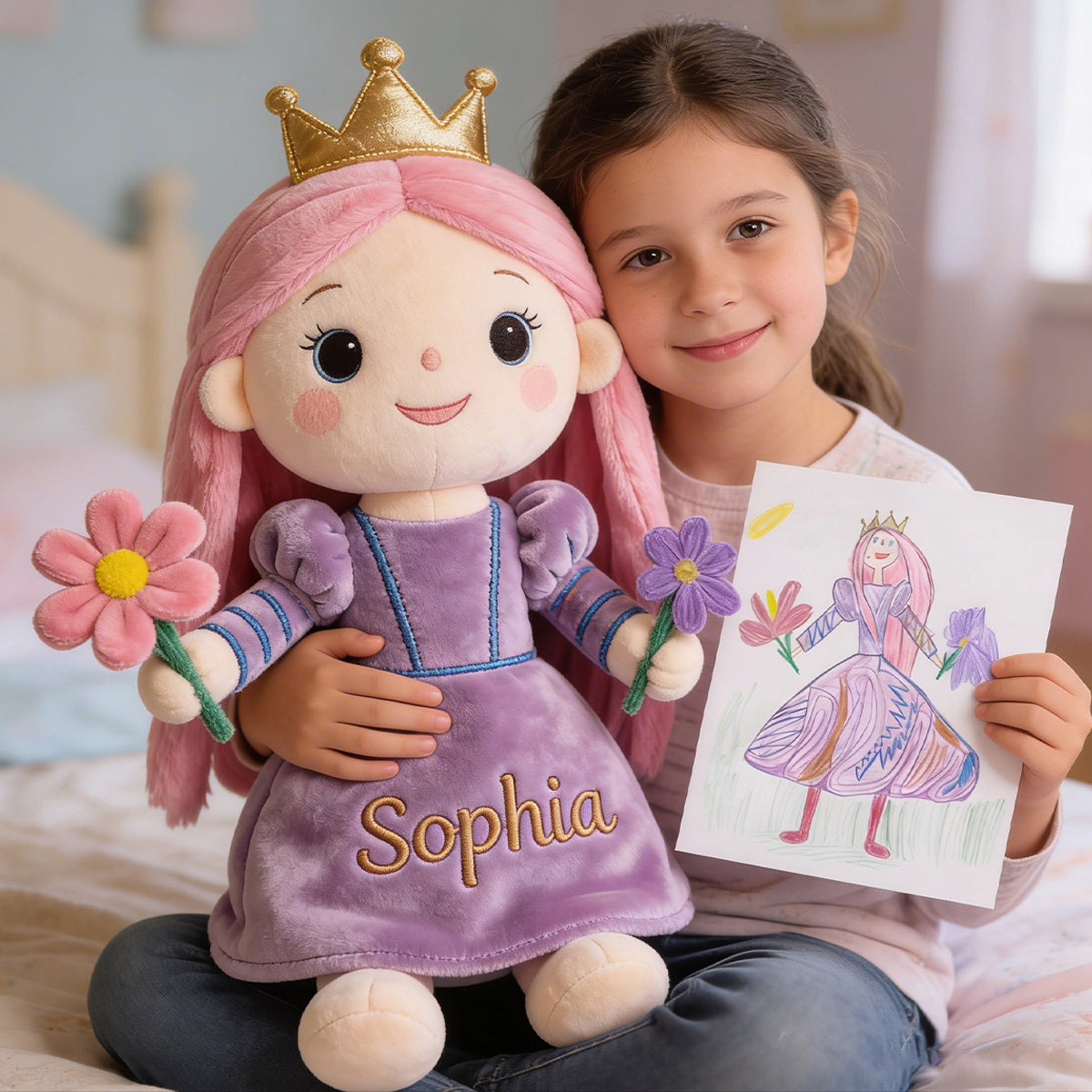 My Fantasy Friends, Custom From Your Kid's Drawing - Personalized Kid Premium Faux Fur Pillow