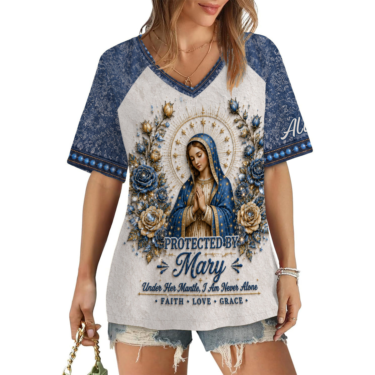 Protected By Mary - Personalized Christian Fully Printed V-Neck T-Shirt