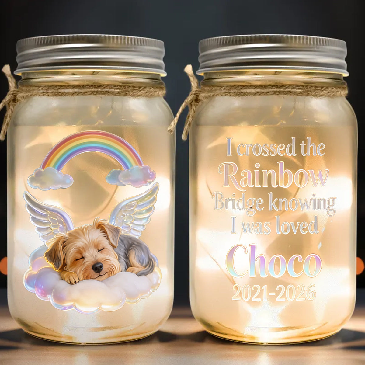Ich habe die Regenbogenbrücke überquert – Personalisierte Hunde-Einmachglas-Lampe