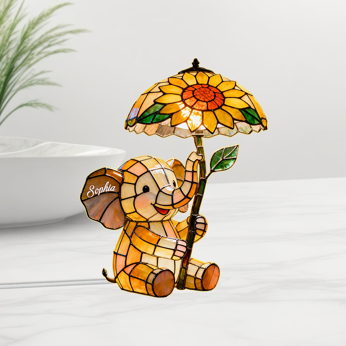 Baby Elephant With Sunflower - Personalized Elephant Acrylic LED Night Light
