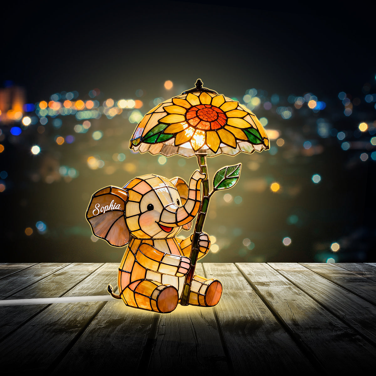 Baby Elephant With Sunflower - Personalized Elephant Acrylic LED Night Light