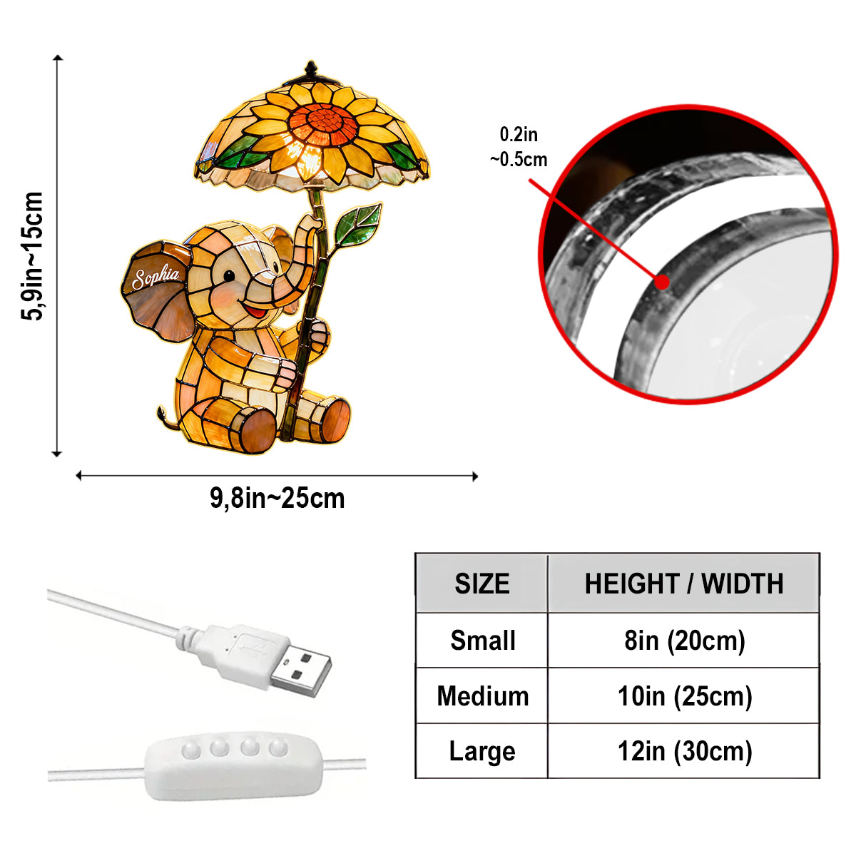 Baby Elephant With Sunflower - Personalized Elephant Acrylic LED Night Light