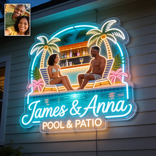 Panneau LED Néon Personnalisé pour Couple - Photo de Jardin, Piscine & Patio