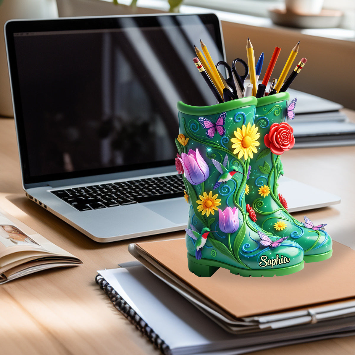 Gardening Boots With Flowers - Personalized Gardening Wooden Pen Holder