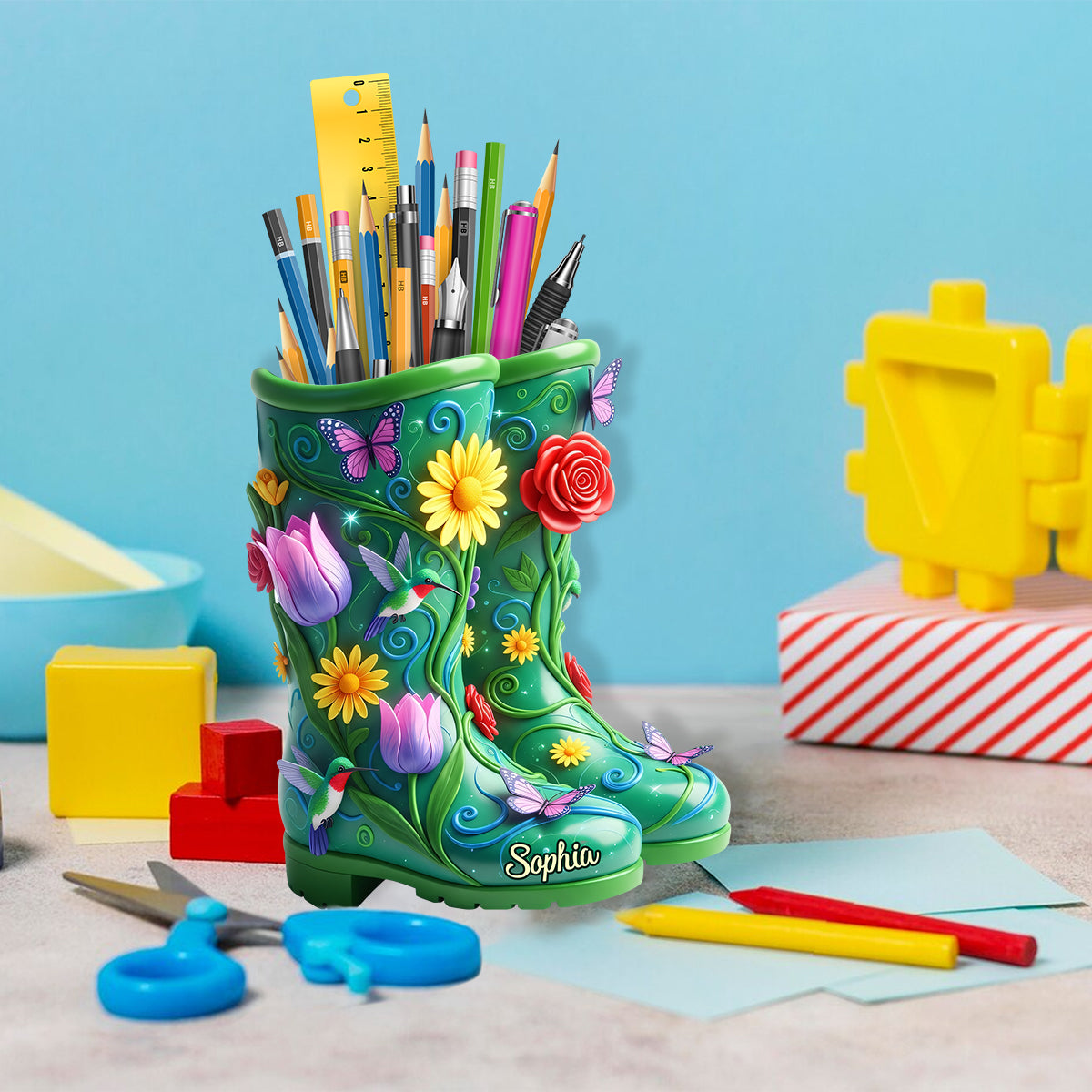 Gardening Boots With Flowers - Personalized Gardening Wooden Pen Holder