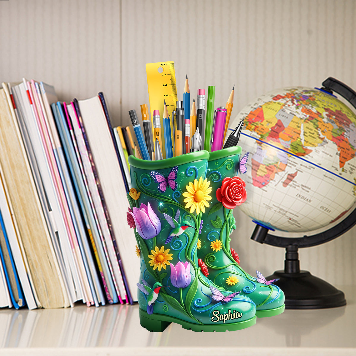 Gardening Boots With Flowers - Personalized Gardening Wooden Pen Holder