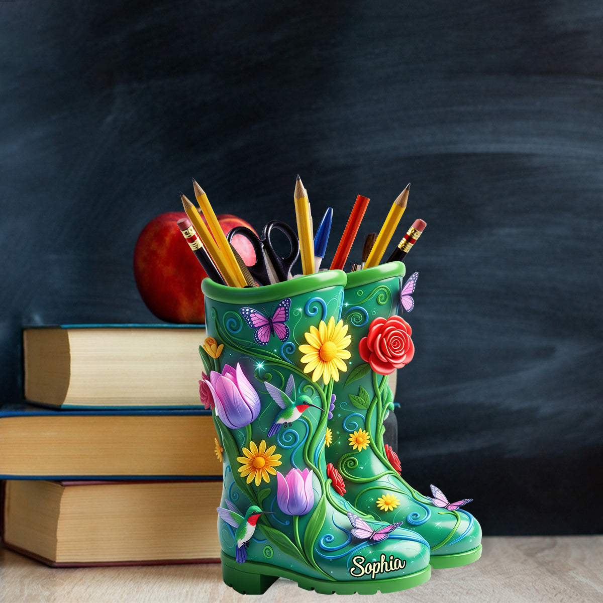 Gardening Boots With Flowers - Personalized Gardening Wooden Pen Holder