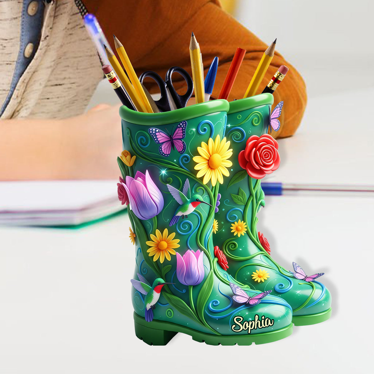 Gardening Boots With Flowers - Personalized Gardening Wooden Pen Holder