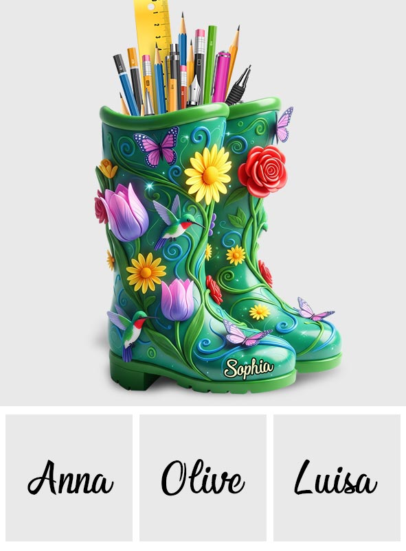 Gardening Boots With Flowers - Personalized Gardening Wooden Pen Holder