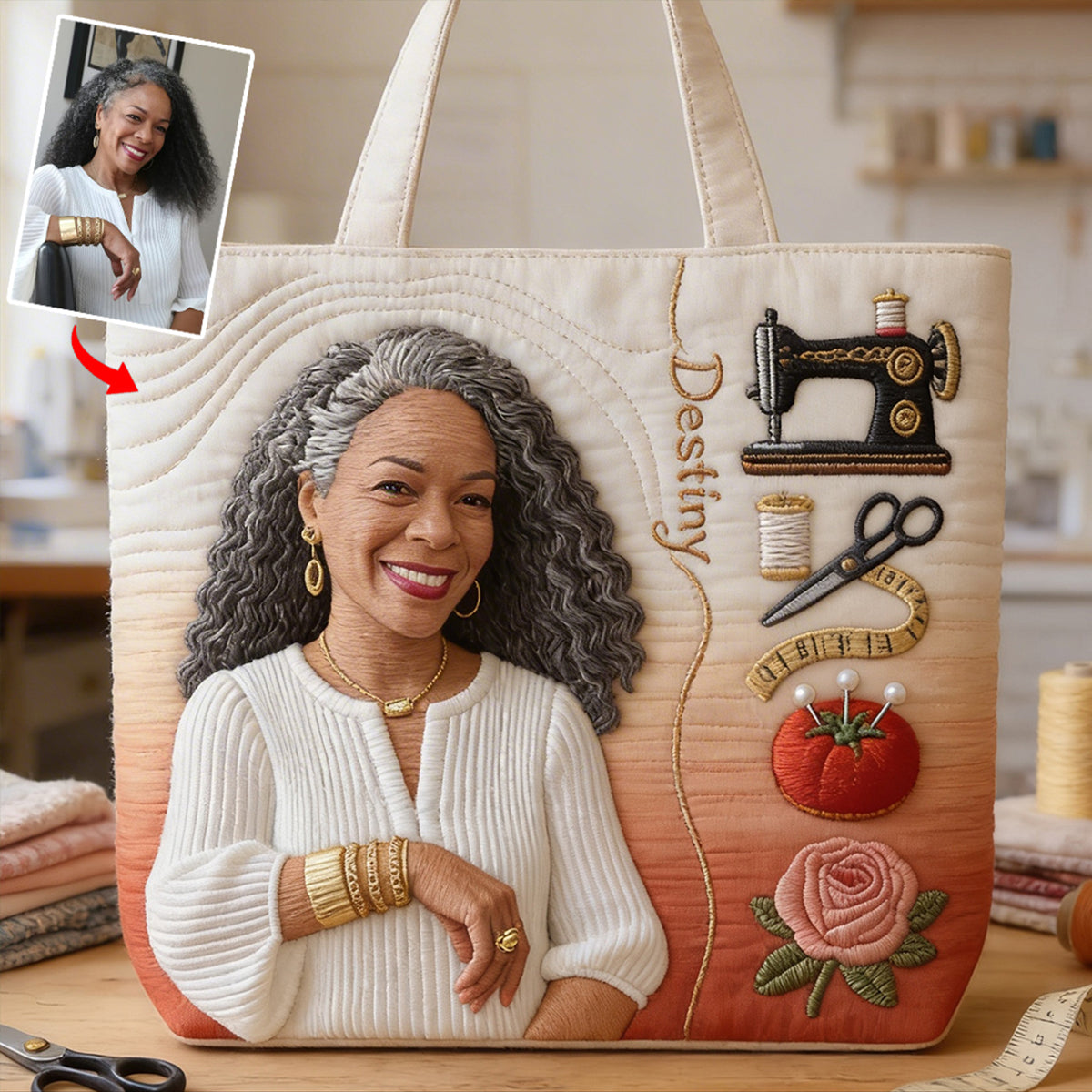 Any Photo Love Sewing - Personalized Sewing Quilted Tote Bag