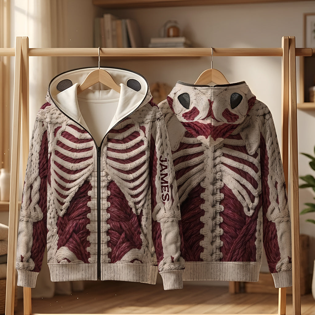 Karmesinrotes Skelett - Personalisierter Halloween Full Face Zipper Hoodie