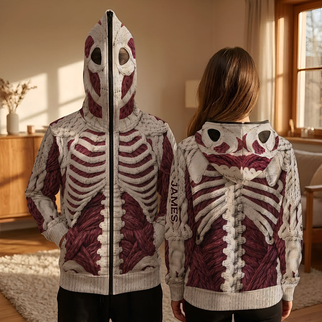 Karmesinrotes Skelett - Personalisierter Halloween Full Face Zipper Hoodie