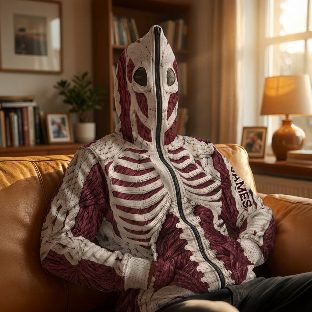 Karmesinrotes Skelett - Personalisierter Halloween Full Face Zipper Hoodie