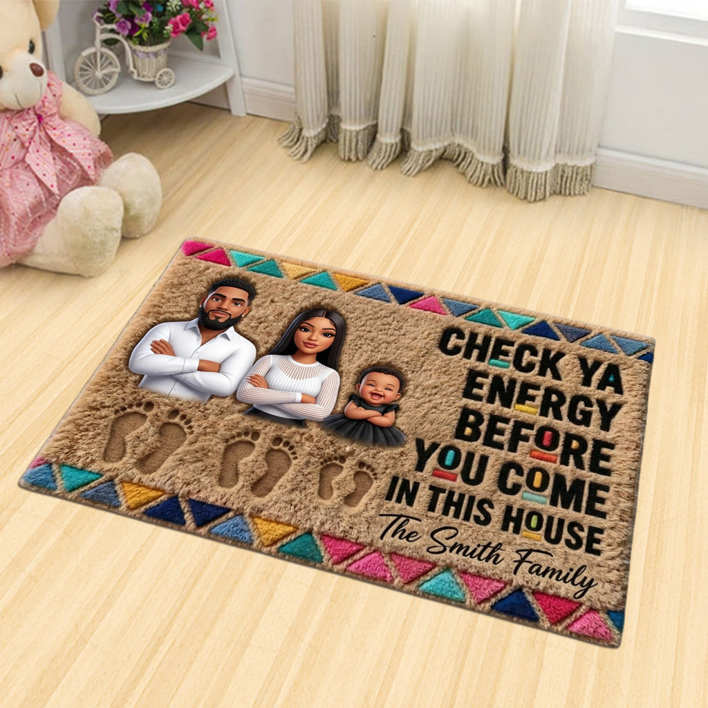 Check Your Energy Before You Come In - Personalized African American Shaped Doormat/ Rug