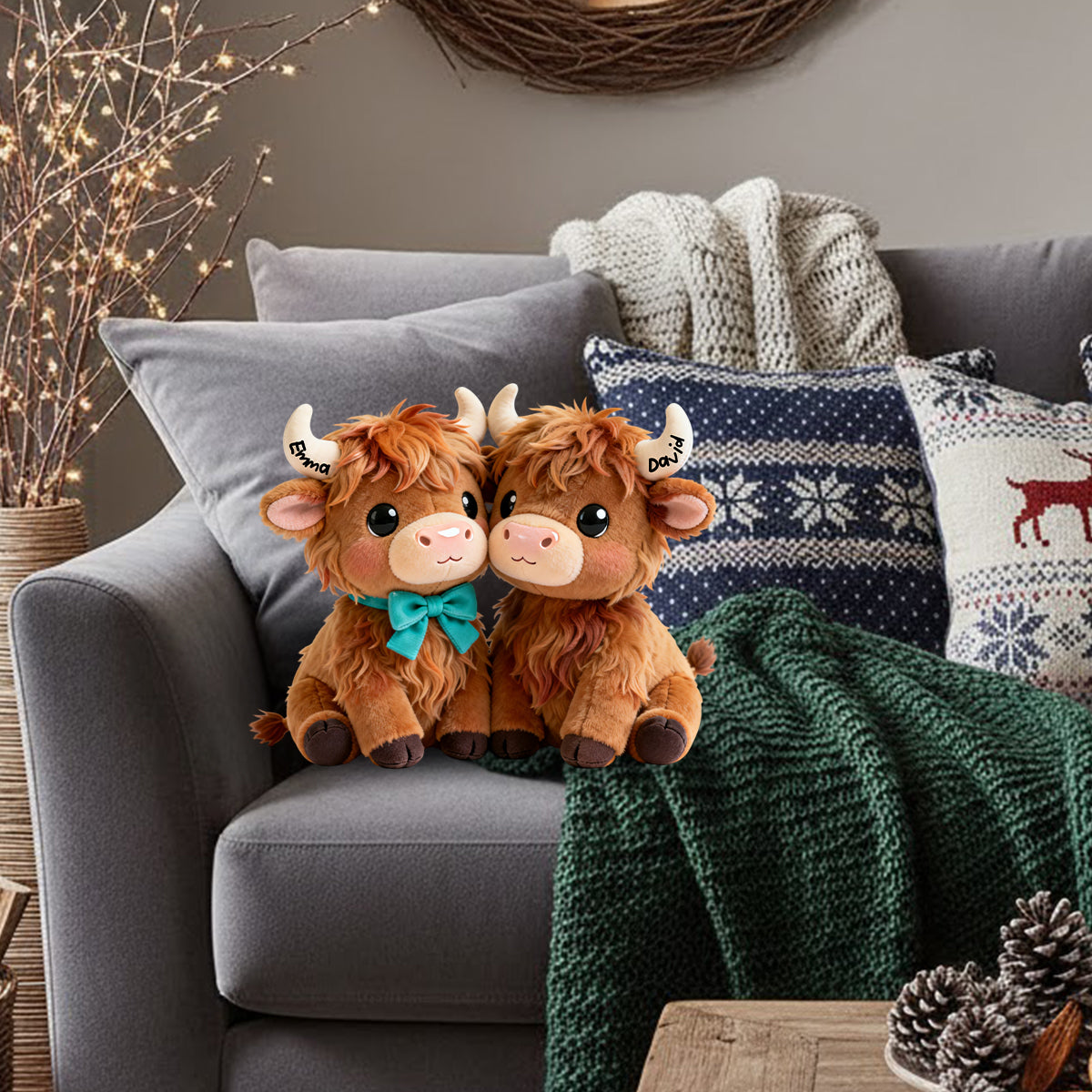 Du & Ich – Personalisiertes Kissen in Form eines Hochlandrindes aus Kunstfell