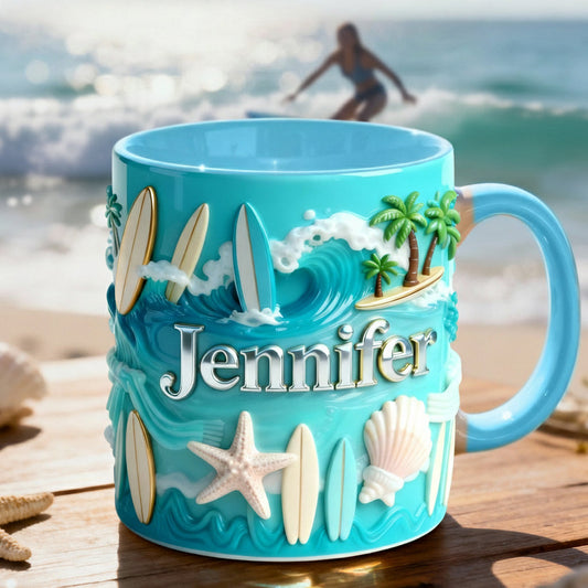Ich liebe Surfen – Personalisierte Tasse und Untersetzer mit Surfmotiv