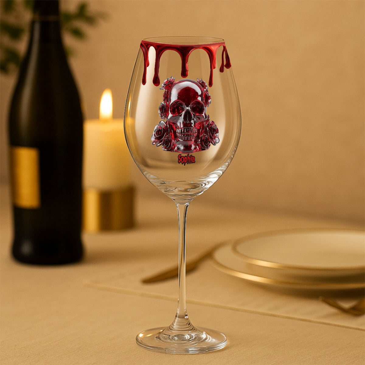 Skull & Roses - Personalized Skull Wine Glass With Long Stem