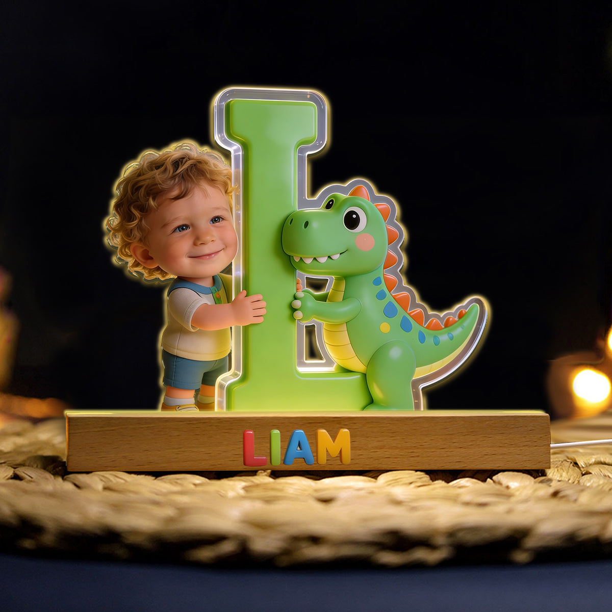 Lettre de l'alphabet dinosaure & photo personnalisée - Lampe de nuit LED en forme d'enfant