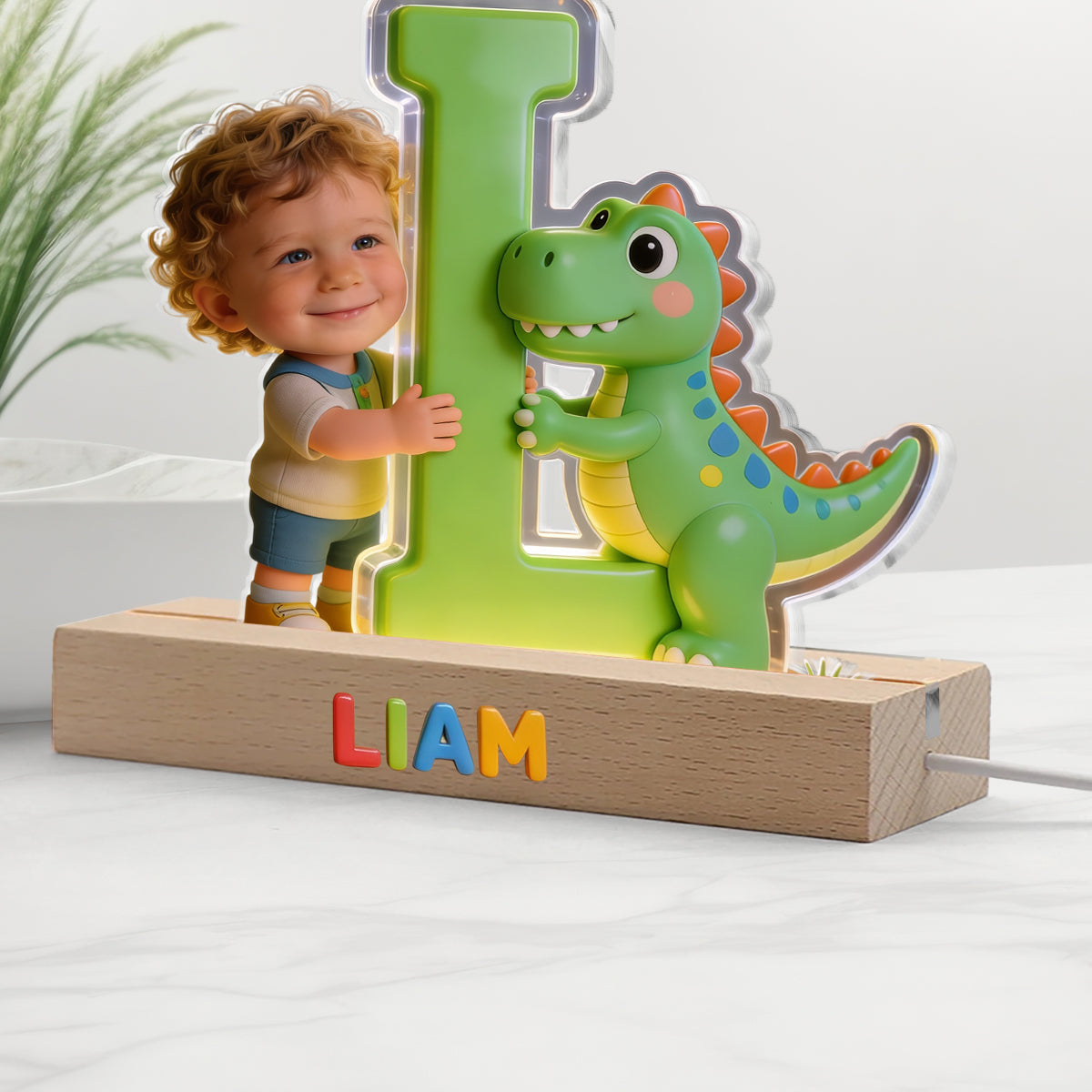 Lettre de l'alphabet dinosaure & photo personnalisée - Lampe de nuit LED en forme d'enfant