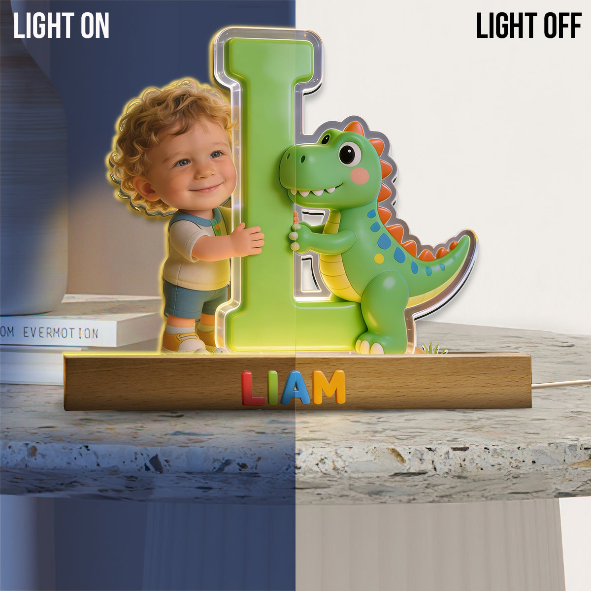 Lettre de l'alphabet dinosaure & photo personnalisée - Lampe de nuit LED en forme d'enfant