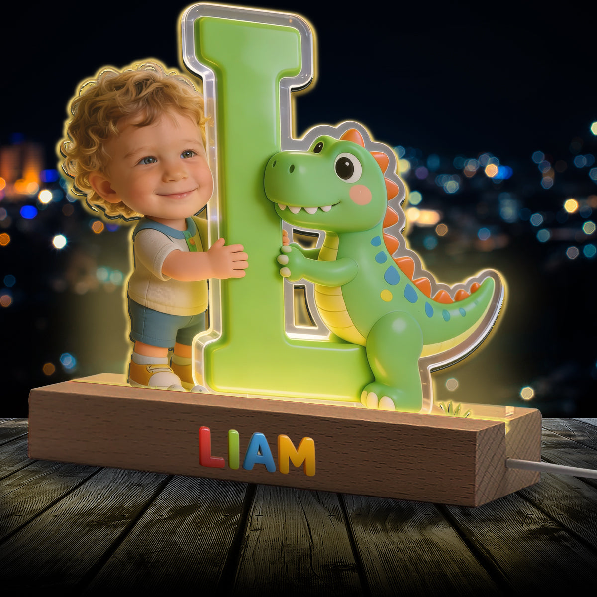 Lettre de l'alphabet dinosaure & photo personnalisée - Lampe de nuit LED en forme d'enfant