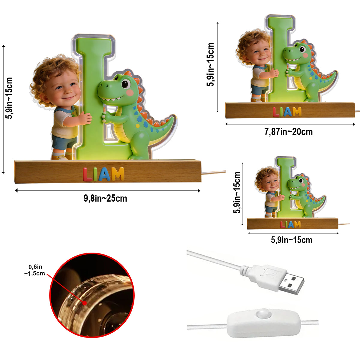 Lettre de l'alphabet dinosaure & photo personnalisée - Lampe de nuit LED en forme d'enfant