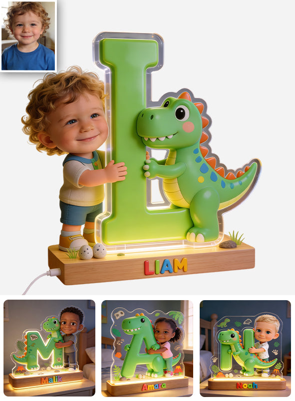 Lettre de l'alphabet dinosaure & photo personnalisée - Lampe de nuit LED en forme d'enfant