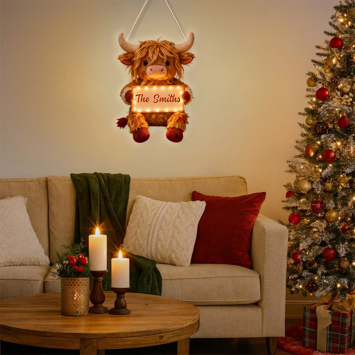 « Home Sweet Home » - Panneau lumineux LED personnalisé représentant une vache des Highlands en acrylique