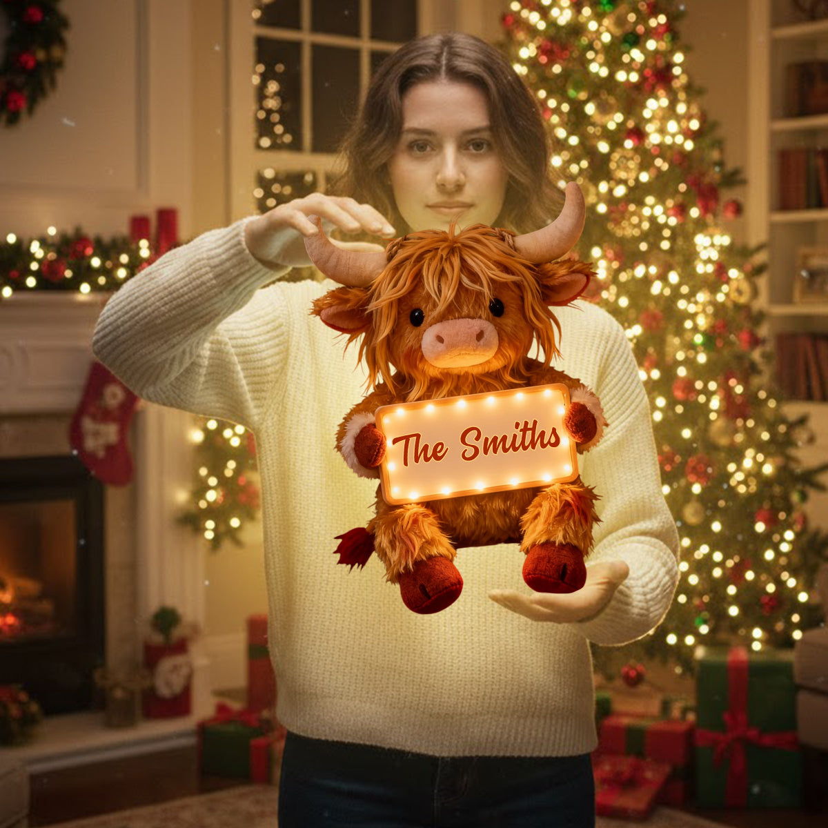 « Home Sweet Home » - Panneau lumineux LED personnalisé représentant une vache des Highlands en acrylique