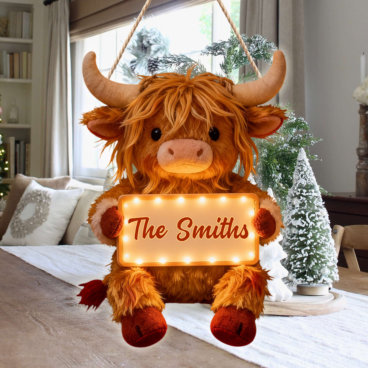 « Home Sweet Home » - Panneau lumineux LED personnalisé représentant une vache des Highlands en acrylique