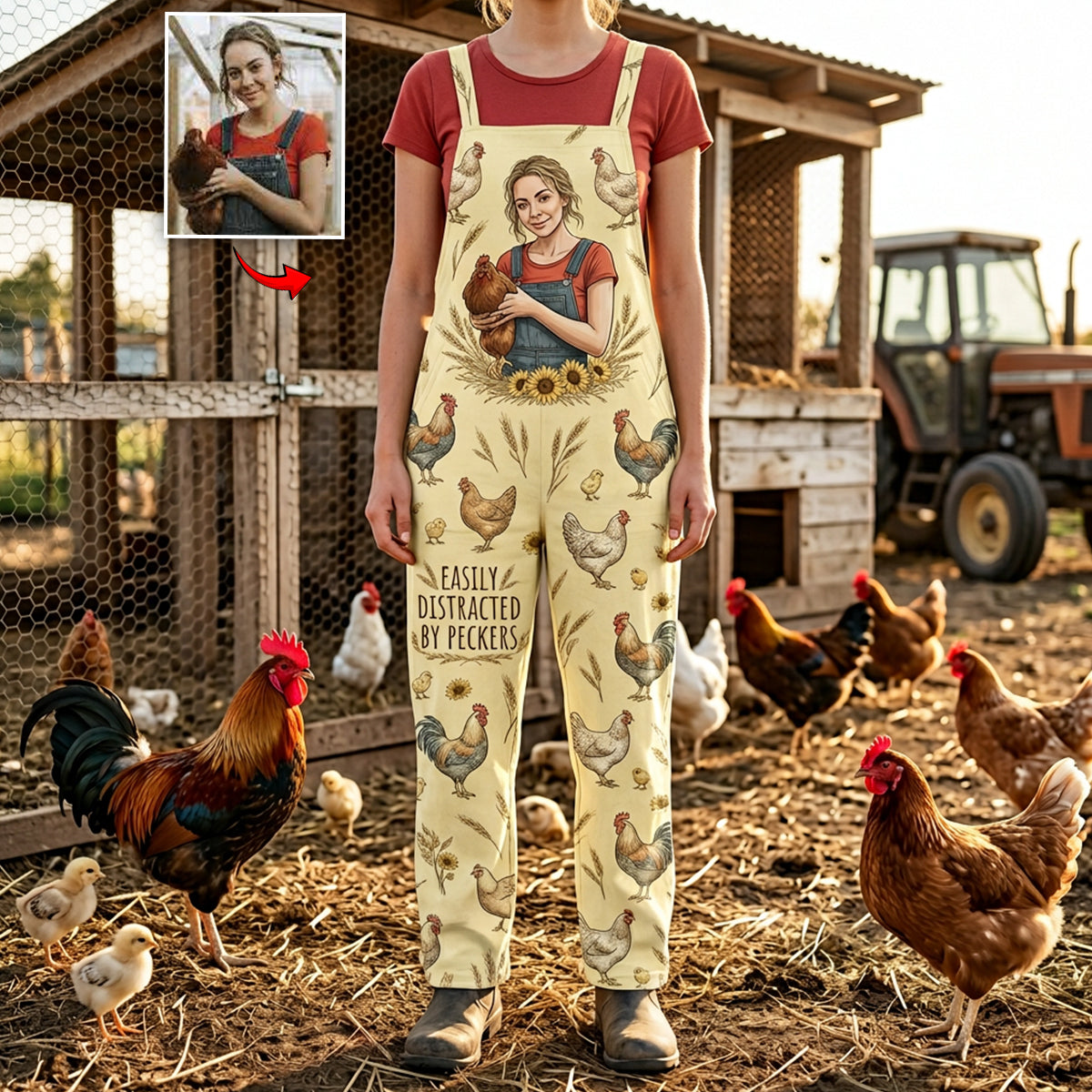 Facilement Distrait par les Poussins, Cadeau pour Agriculteurs - Salopette/Combinaison Personnalisée