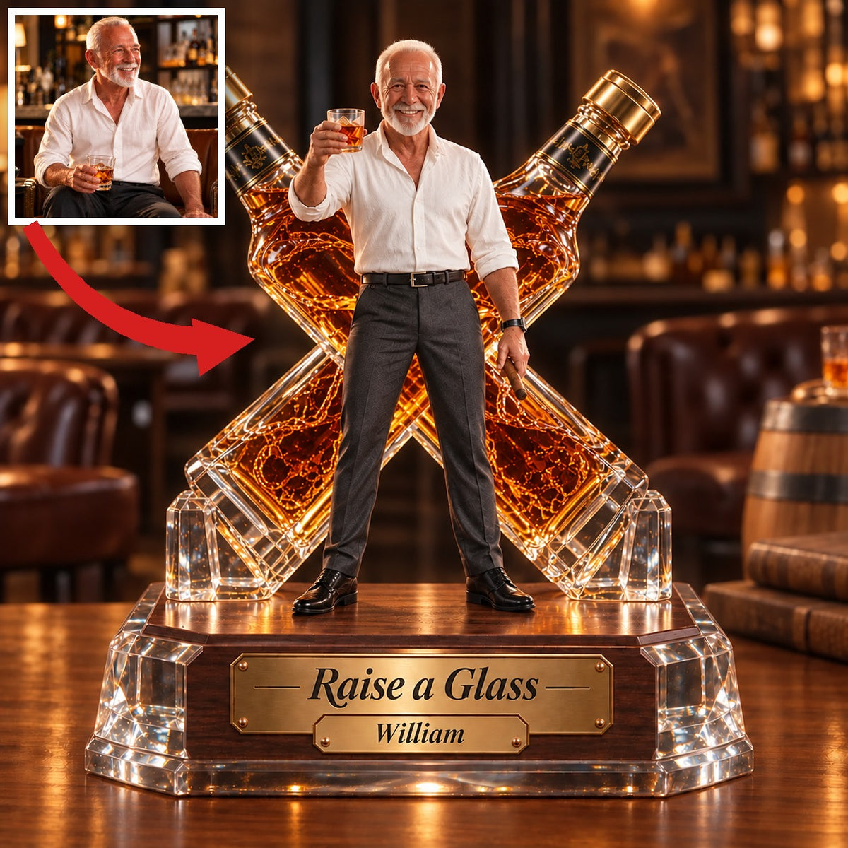 Personalized Whiskey Acrylic Plaque - Custom Photo Crossed-Bottle Sculpture