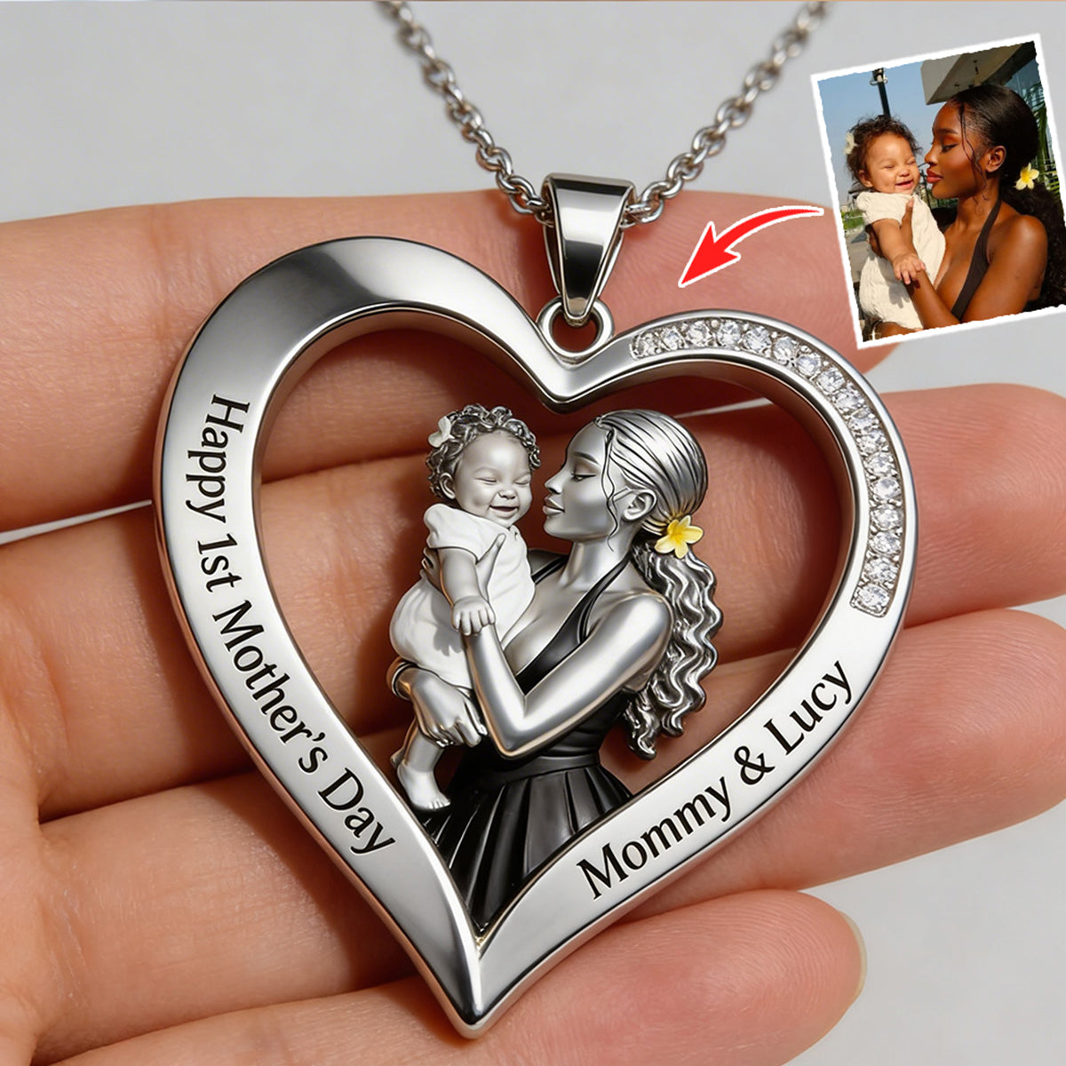 Happy 1st Mother's Day - Personalized Mother Shaped Metal Pendant Necklace
