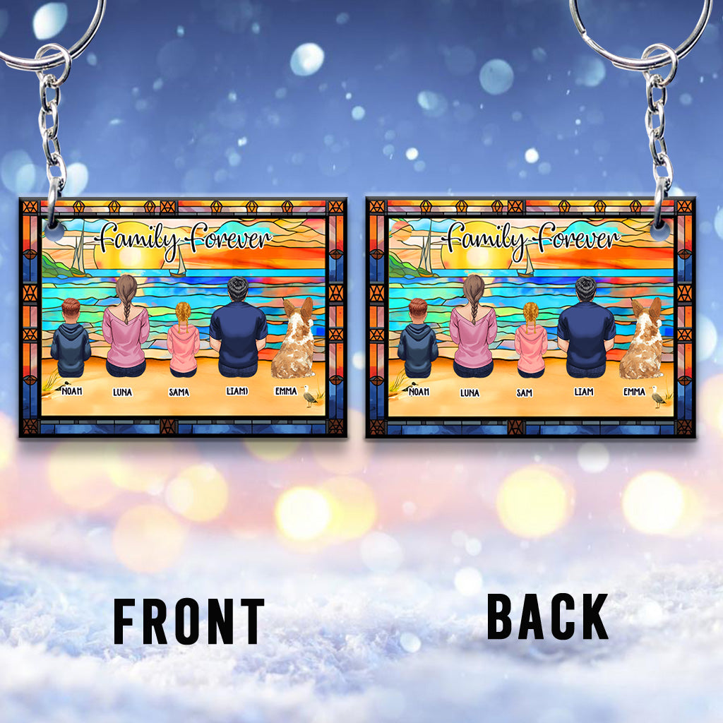 Family Sitting Back View Beautiful Ocean - Personalized Family Keychain