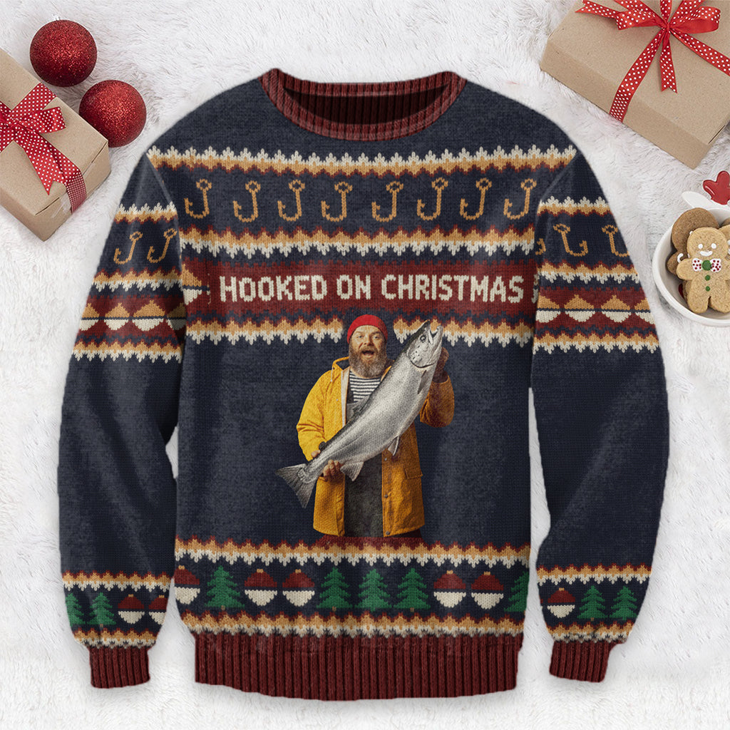 Hooked on Christmas - Personalized Fishing Ugly Sweater
