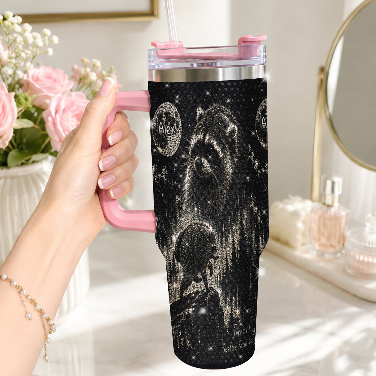 Vintage Jimothy Raccoon - Personalized Raccoon Rhinestone Tumbler With Plush Charm
