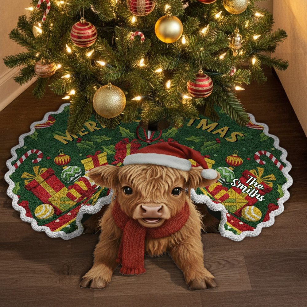 Merry Christmas - Personalized Highland Cow Shaped Tree Skirt