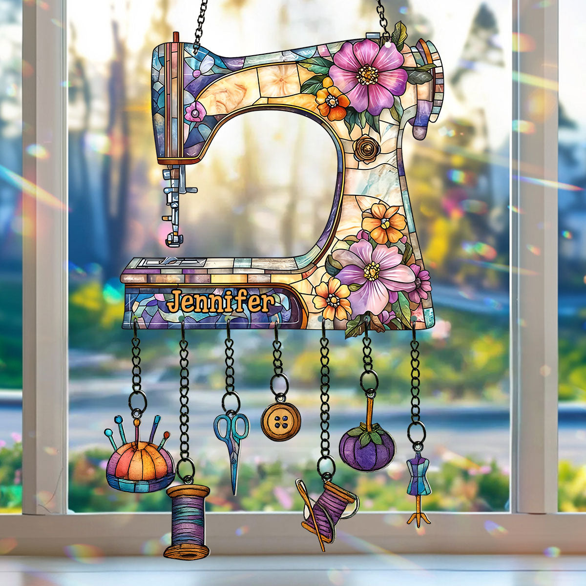 Beautiful Sewing Machine - Personalized Sewing Window Hanging Suncatcher With Charms