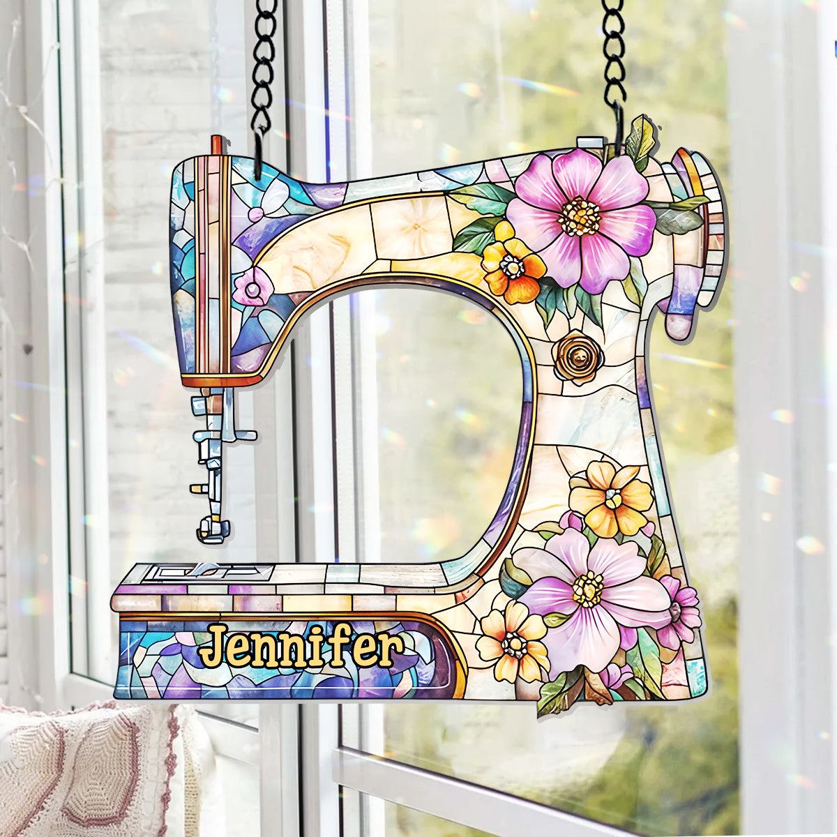 Beautiful Sewing Machine - Personalized Sewing Window Hanging Suncatcher With Charms