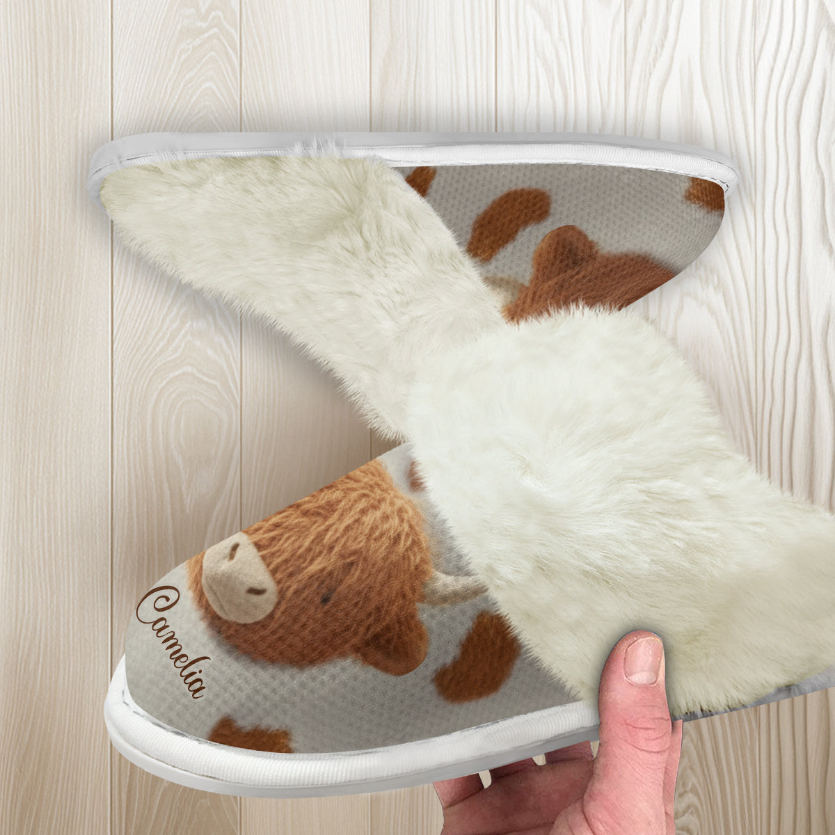 Love Highland Cow - Personalized Highland Cow Slippers With Fur Lining