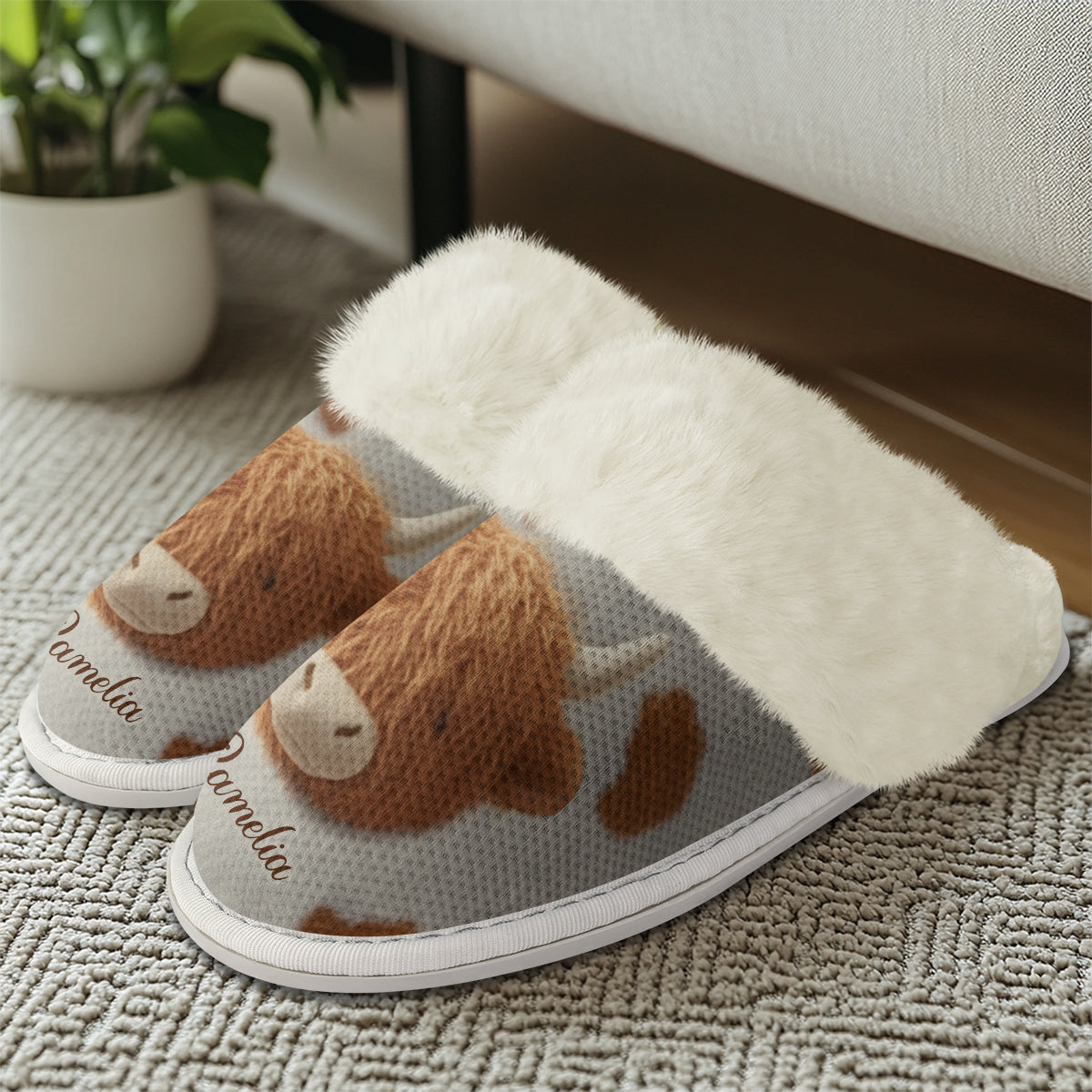 Love Highland Cow - Personalized Highland Cow Slippers With Fur Lining