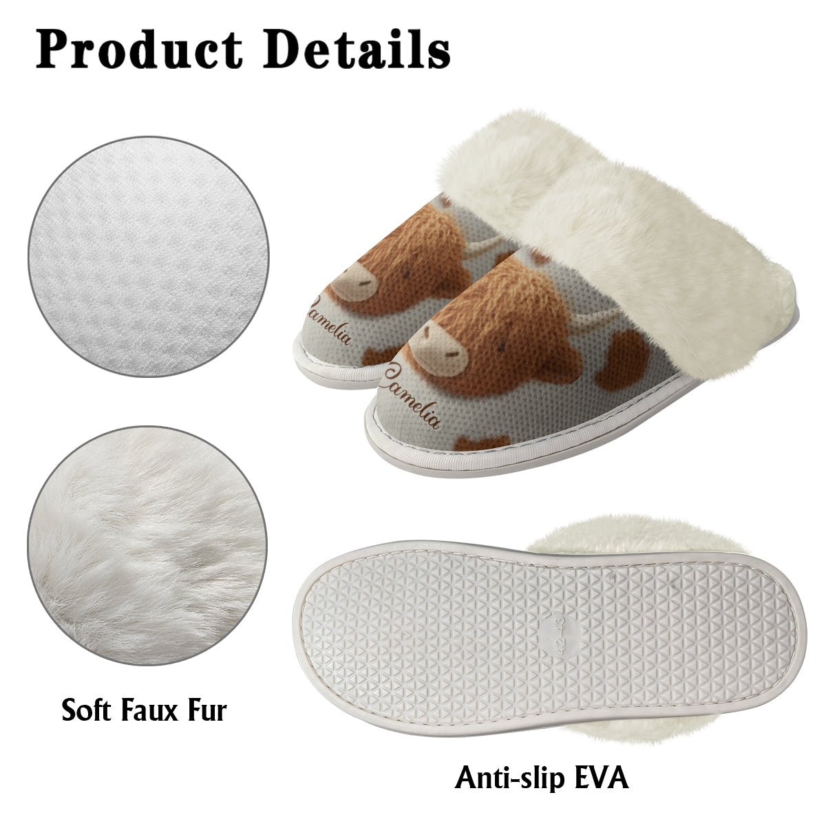 Love Highland Cow - Personalized Highland Cow Slippers With Fur Lining