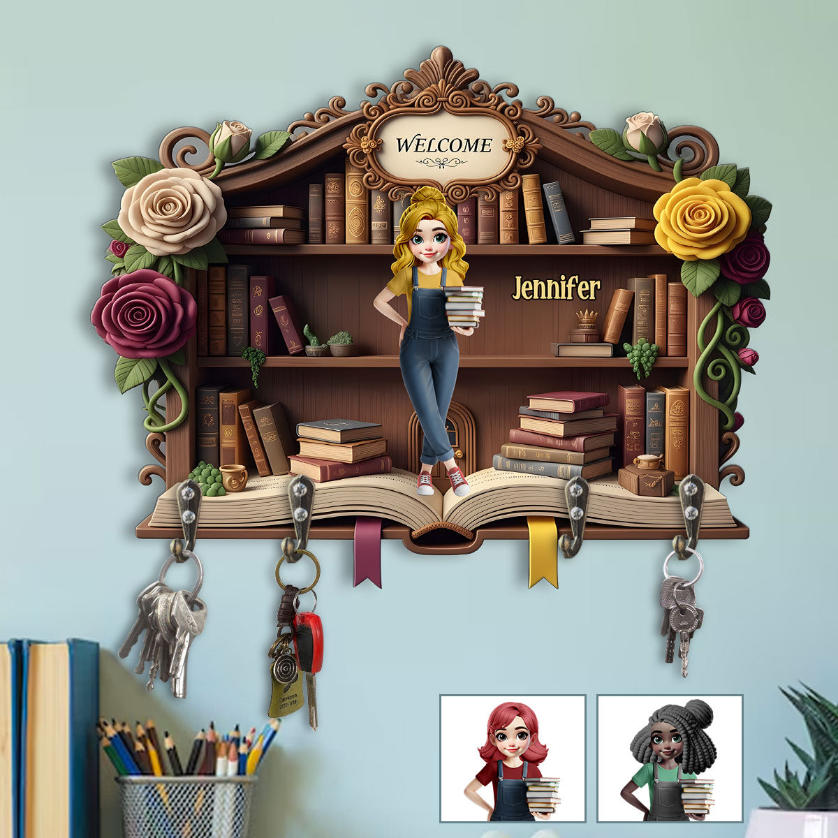 Welcome To My Happy Place - Personalized Book Custom Shaped Key Rack