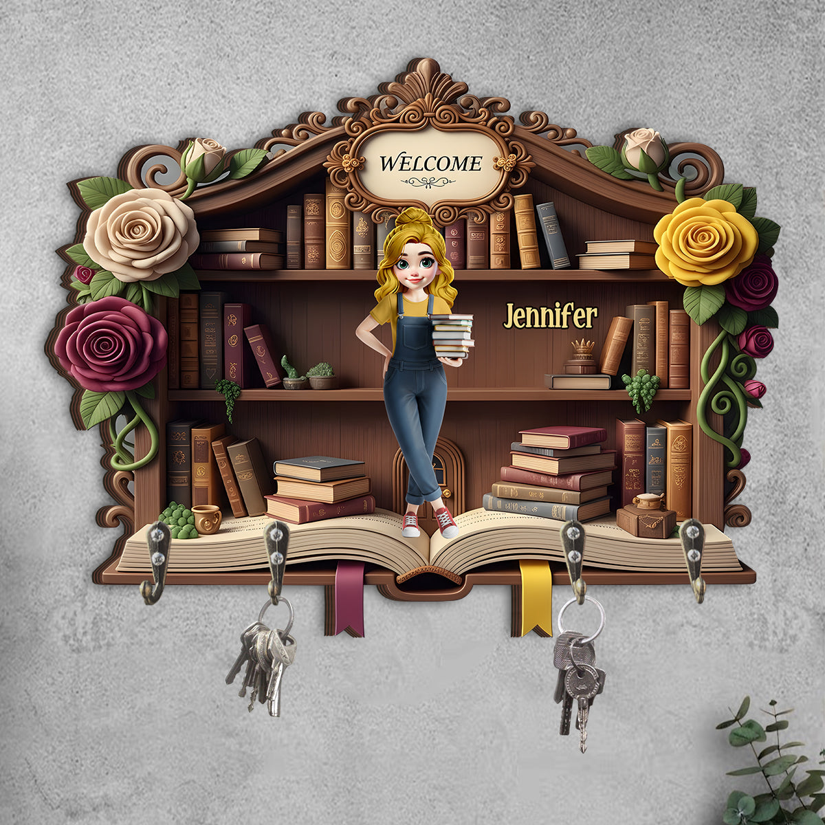 Welcome To My Happy Place - Personalized Book Custom Shaped Key Rack