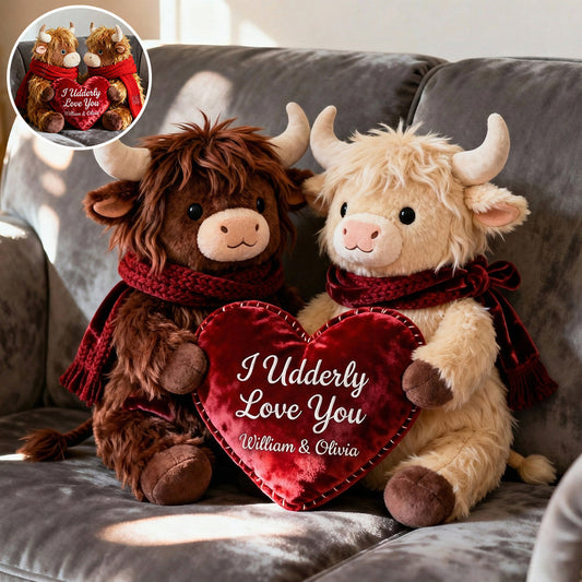 Coussin romantique en peluche en forme de vache tenant un cœur - Coussin personnalisé en fausse fourrure en forme de vache des Highlands