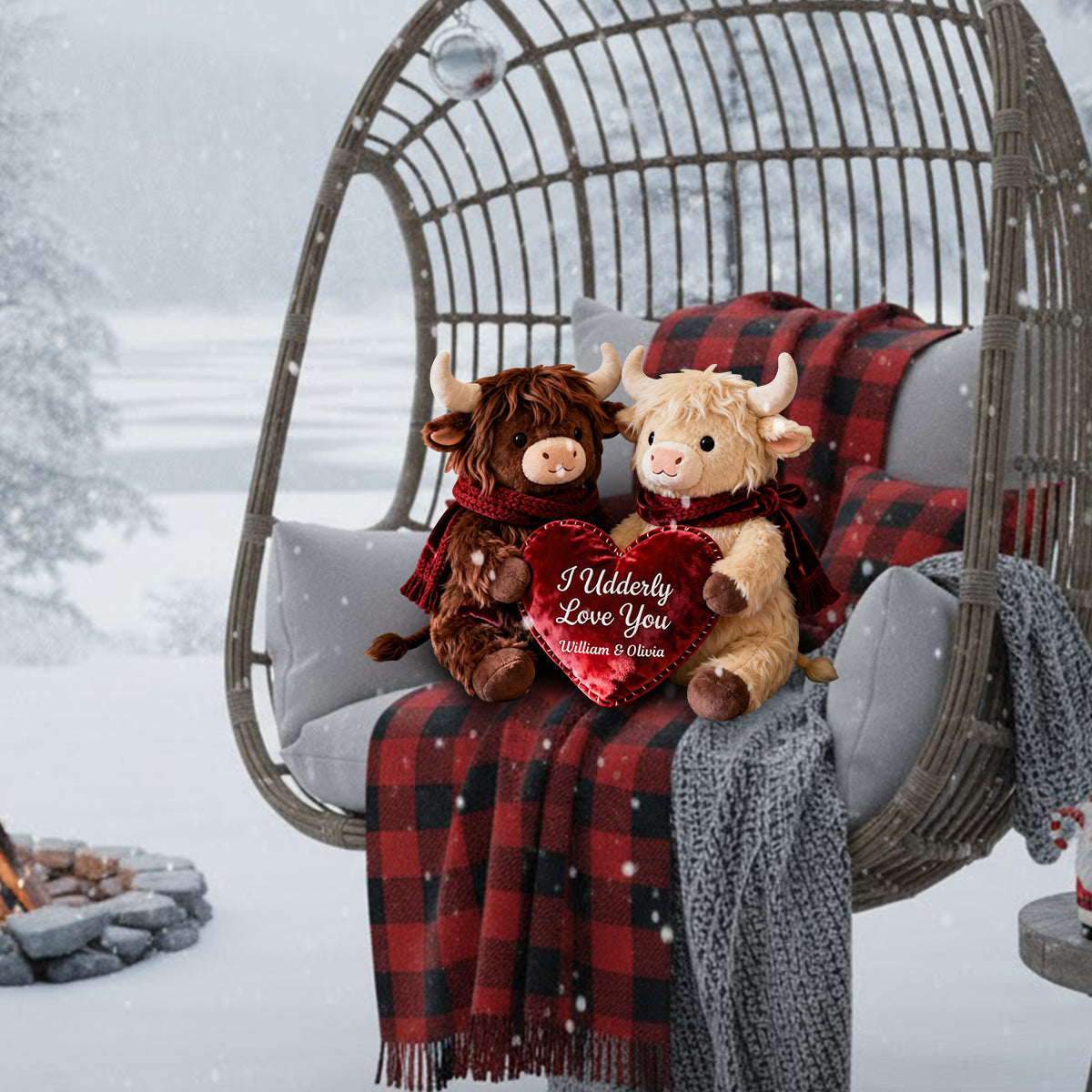 Romantic Plush Cows Holding Heart - Personalized Highland Cow Faux Fur Shaped Pillow