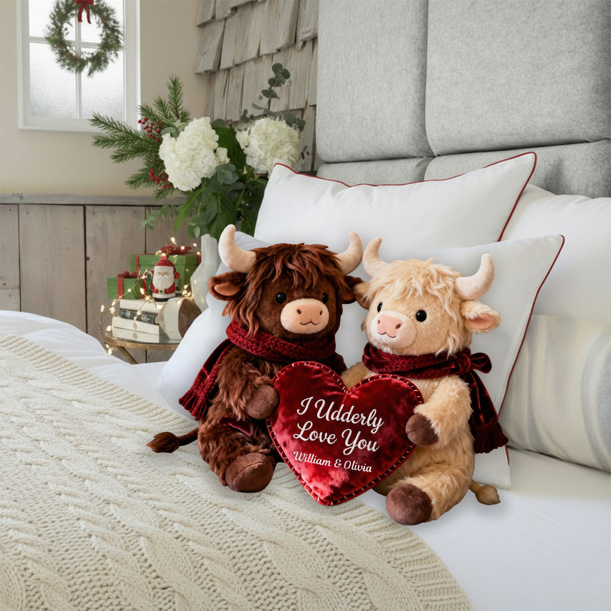 Romantic Plush Cows Holding Heart - Personalized Highland Cow Faux Fur Shaped Pillow