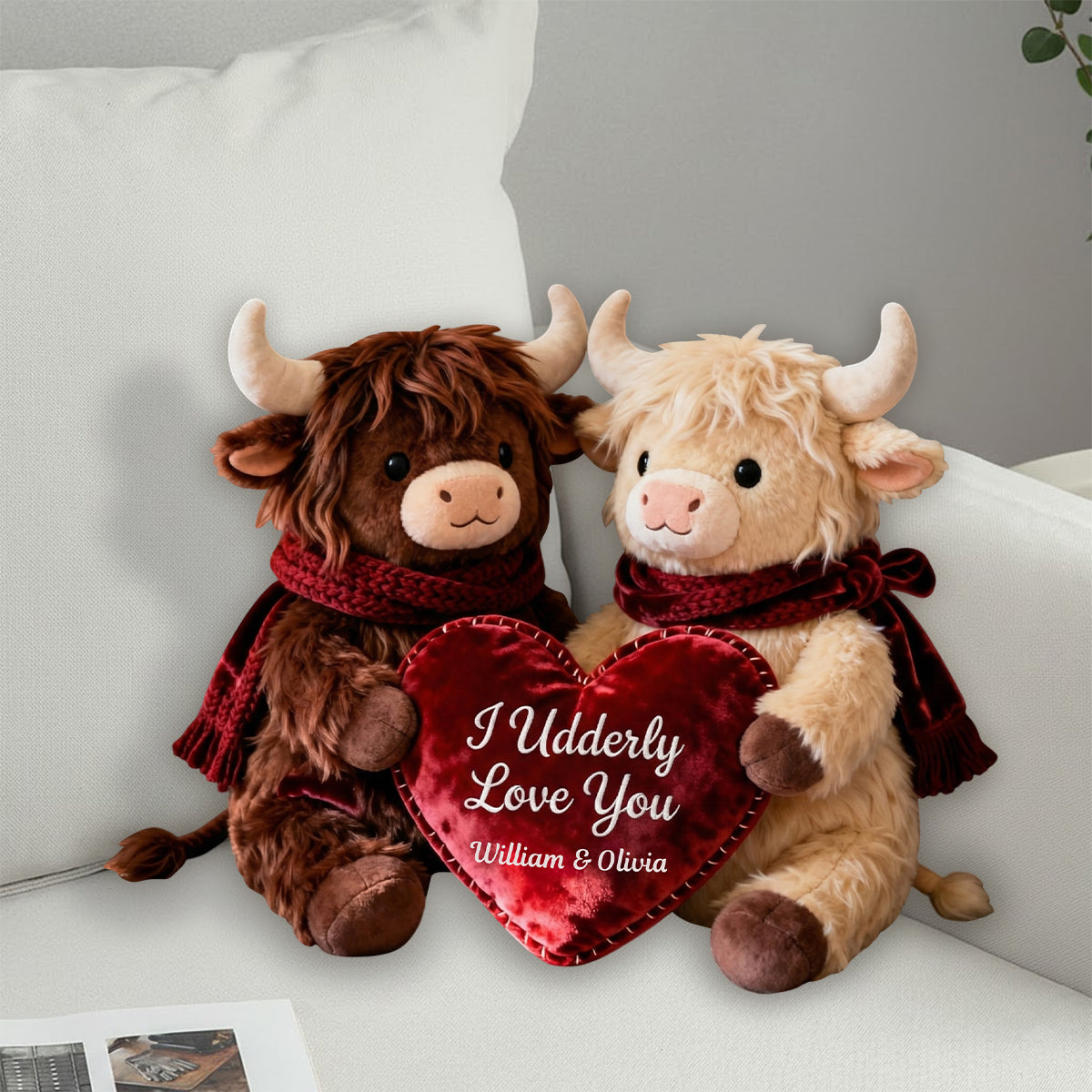 Romantic Plush Cows Holding Heart - Personalized Highland Cow Faux Fur Shaped Pillow